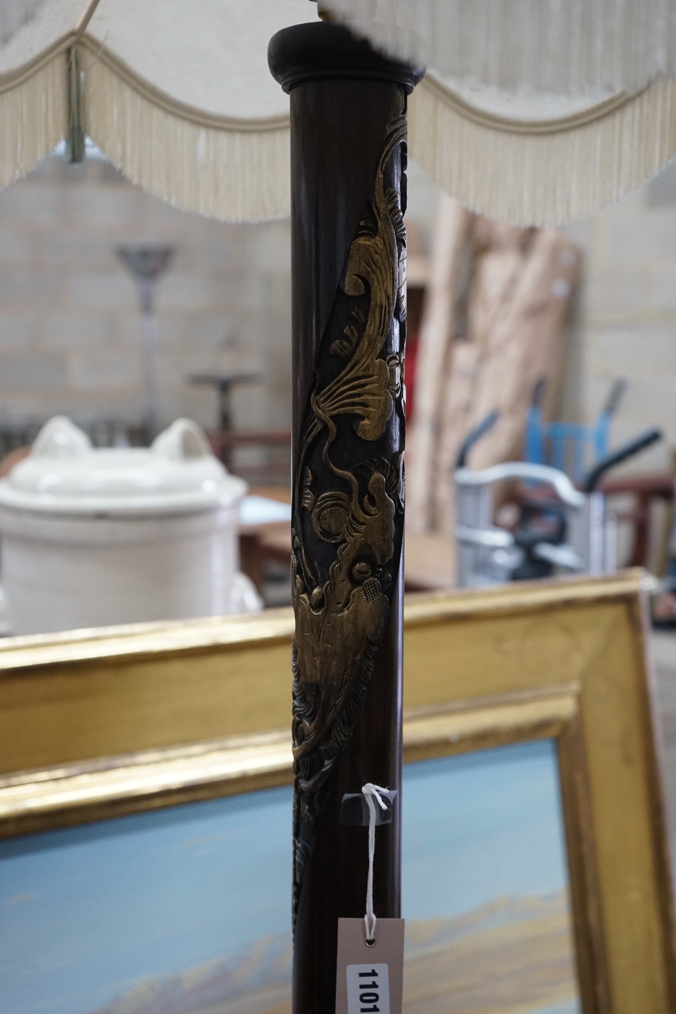 A Chinese style carved mahogany parcel gilt standard lamp, height excluding shade 156cm